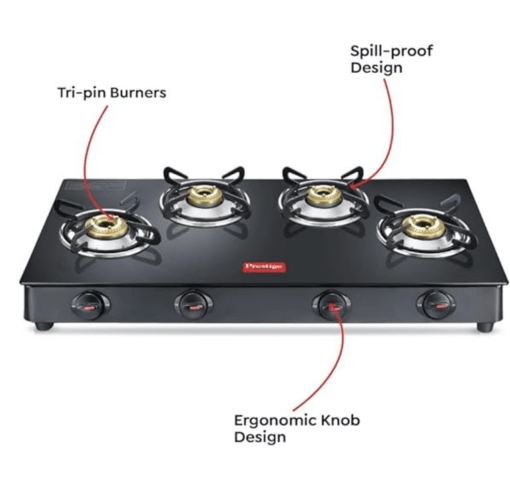 Prestige Magic plus Toughened Glass-Top(Long)4 Brass Burner LPG Gas Stove (GTMP-04L)| Black Spill Proof Design | Ergonomic Knob | Tri-Pin Burner - Image 3
